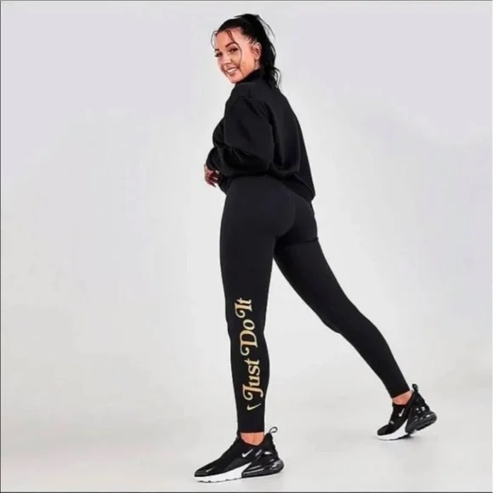 Nike Womens Small Black‎ Gold Just Do It Graphic Leggings Cotton Knit Activewear